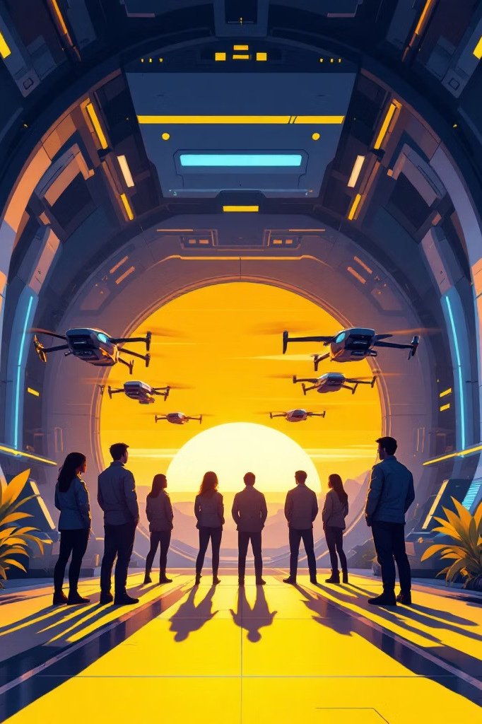 Fleet of drones flying out of a Dronest hub at sunrise