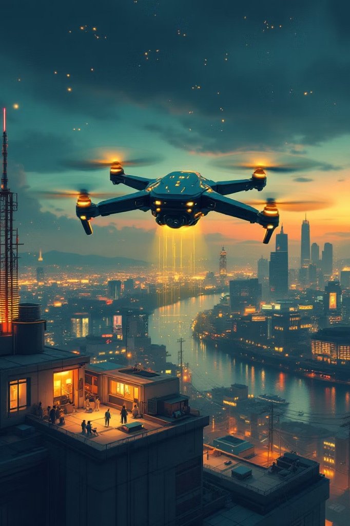Dronest drone flying over a city at dusk
